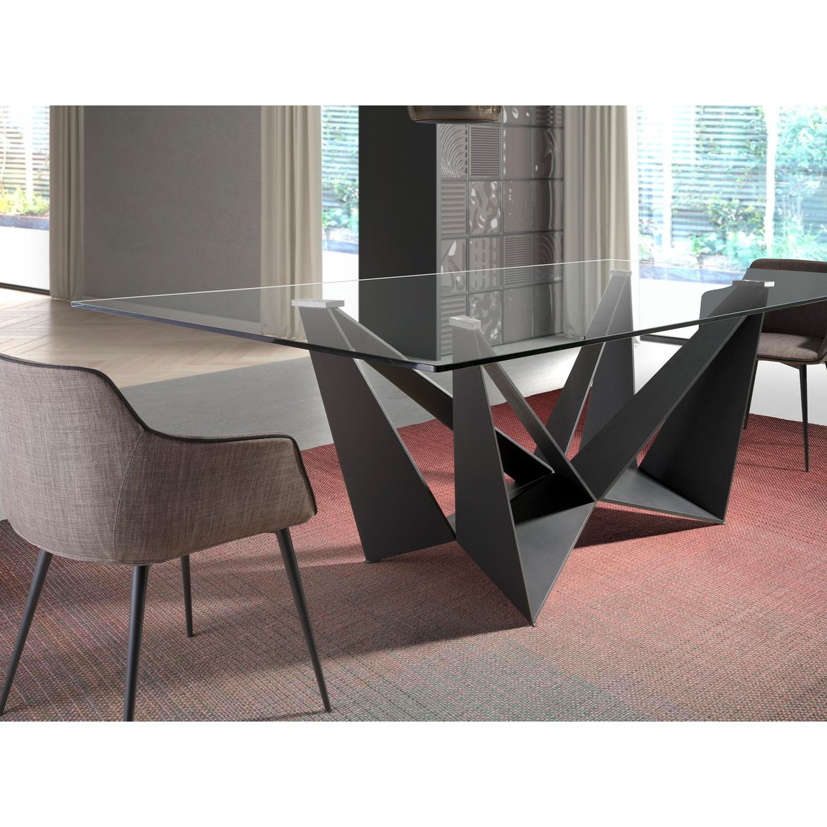 Table à manger rectangulaire verre trempé et acier noir | cristal, ANGEL CERDA