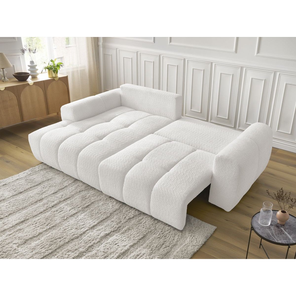 Canapé d'angle convertible 3 places en tissu bouclette, ROXELANE blanc, BOBOCHIC