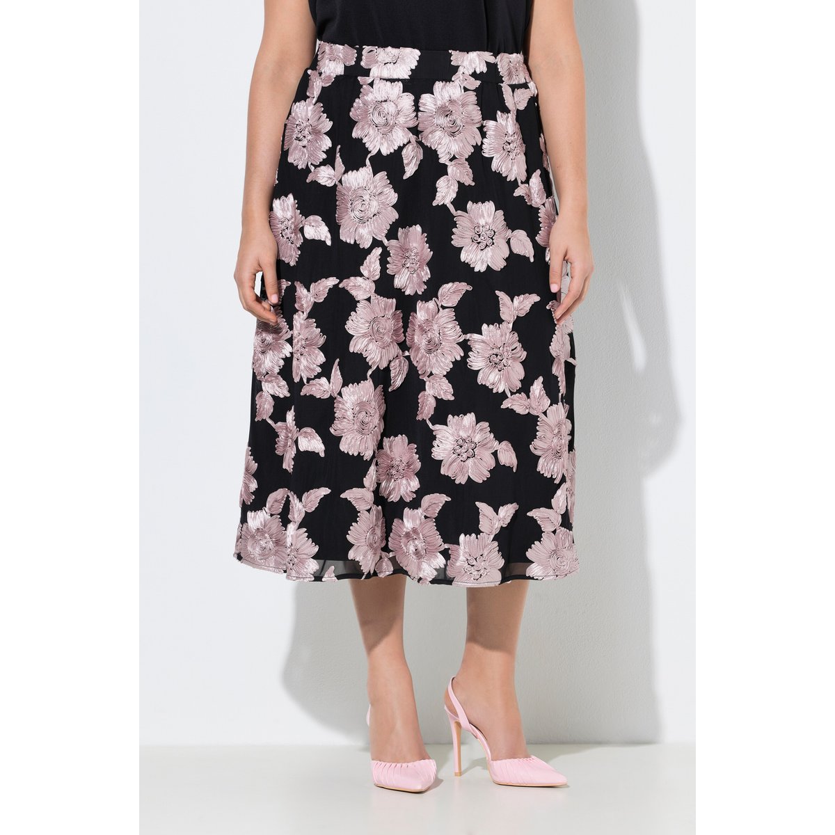 Jupe midi avec applications florales noir, ULLA POPKEN