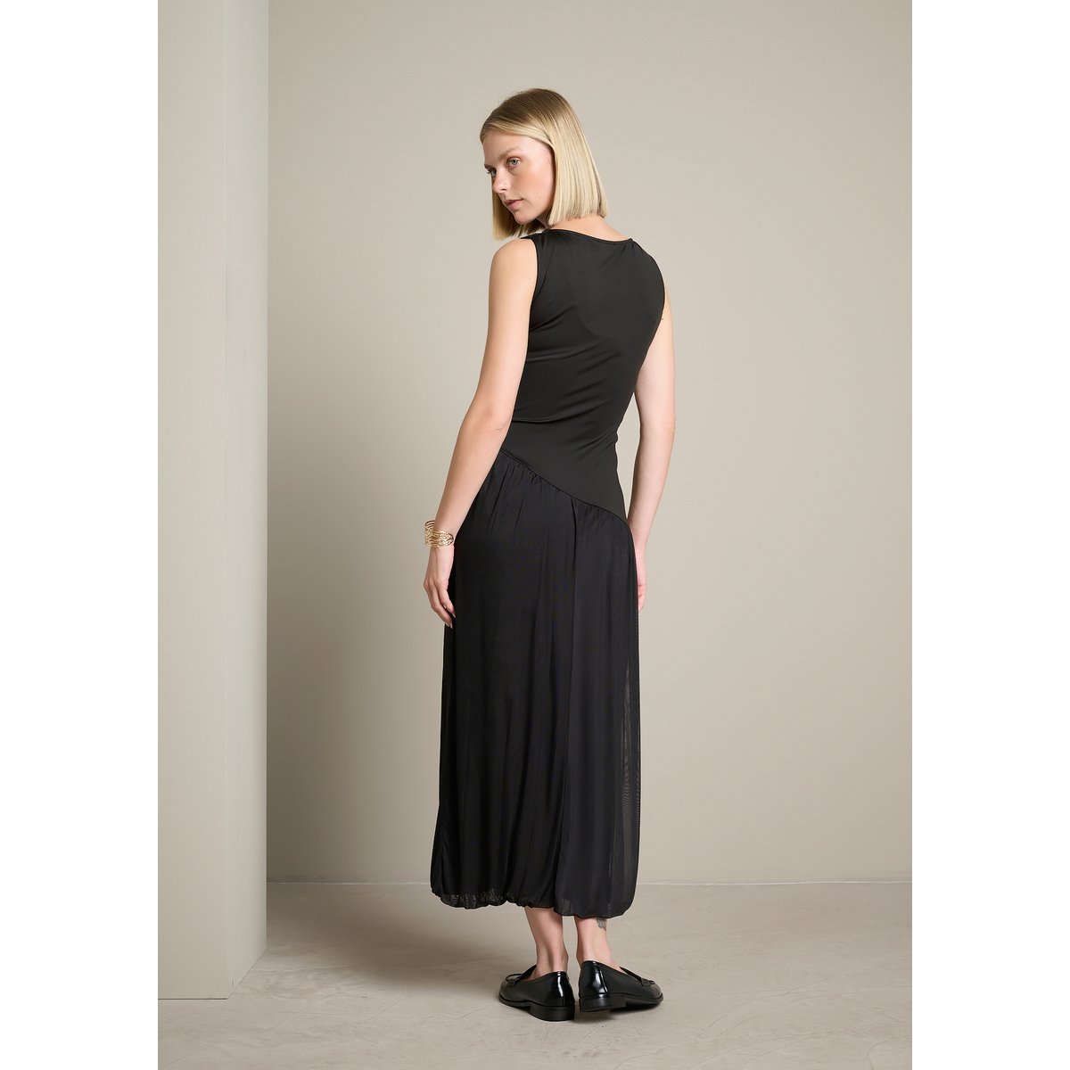 Robe midi bimatière jupe boule noir, LOLALIZA