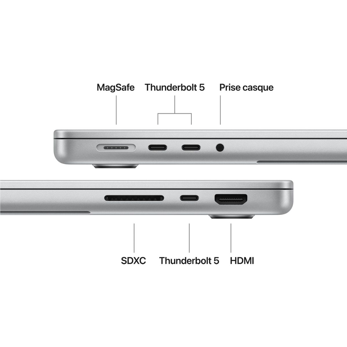 Ordinateur Apple Pro 14" Puce M5 Pro CPU 15 / GPU 16 coeurs Mémoire RAM 24Go Stockage 2To SSD XDR Argent couleur unique, APPLE