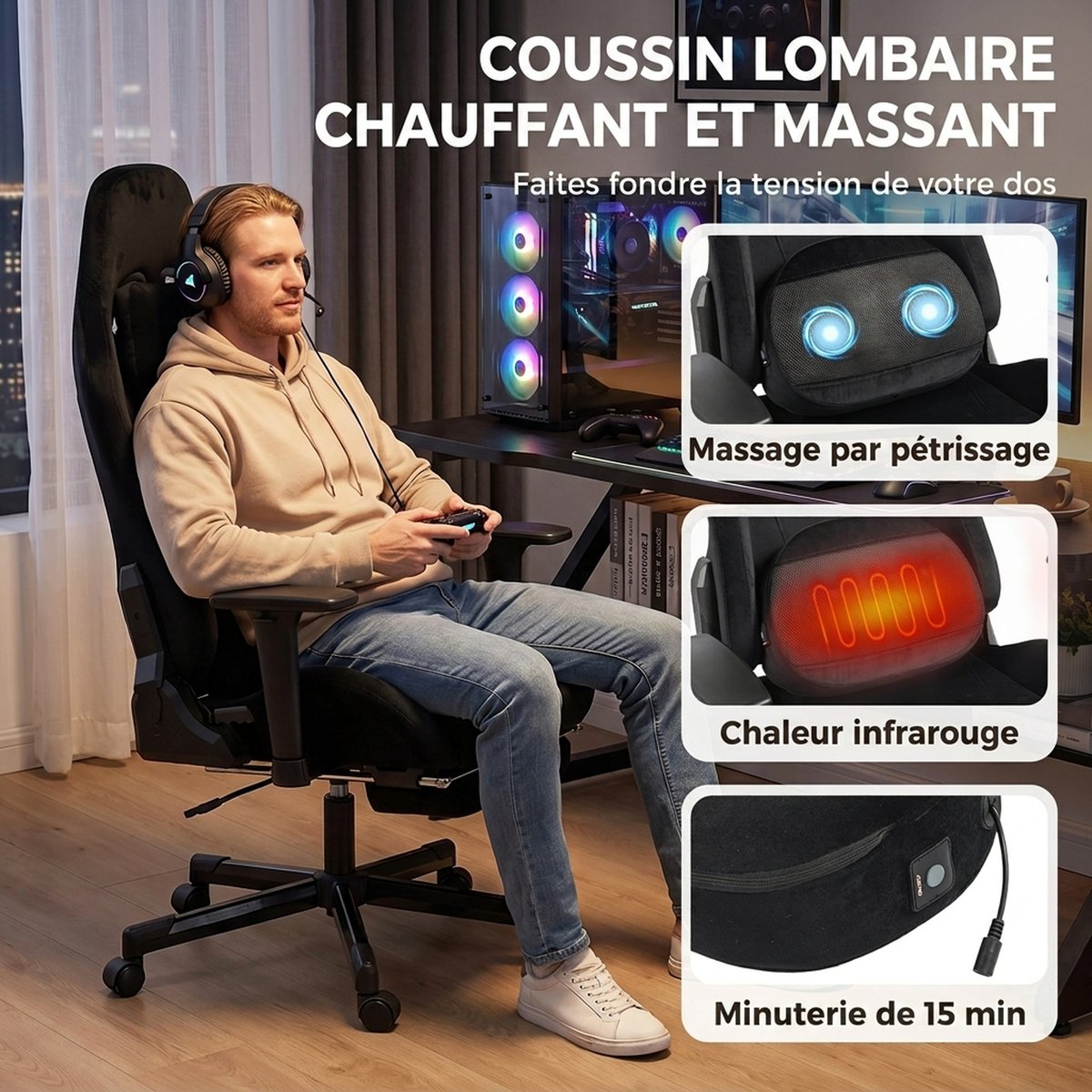 Fauteuil gaming Lin (60 % coton Noir noir, HOMCOM