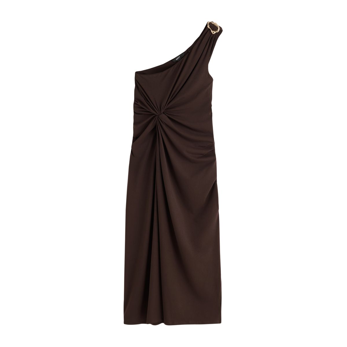 Robe mi-longue asymétrique nouée/détail doré chocolate, NEXT