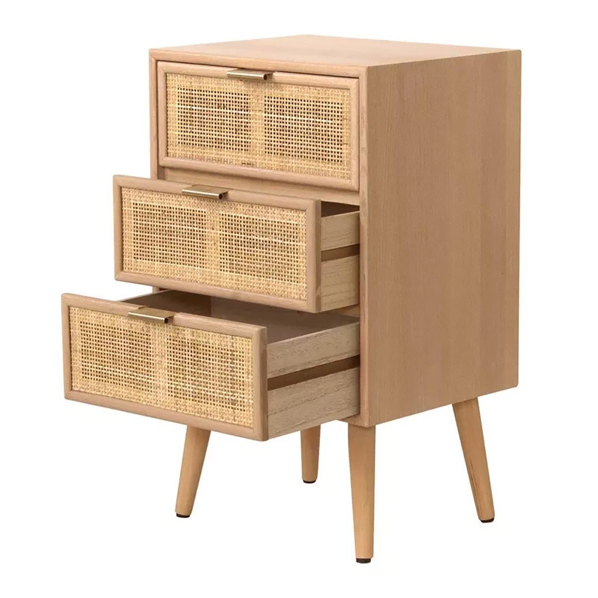 Table de chevet 3 Tiroirs Façade en Cannage Rotin Naturel - MIYA bois clair, CALICOSY