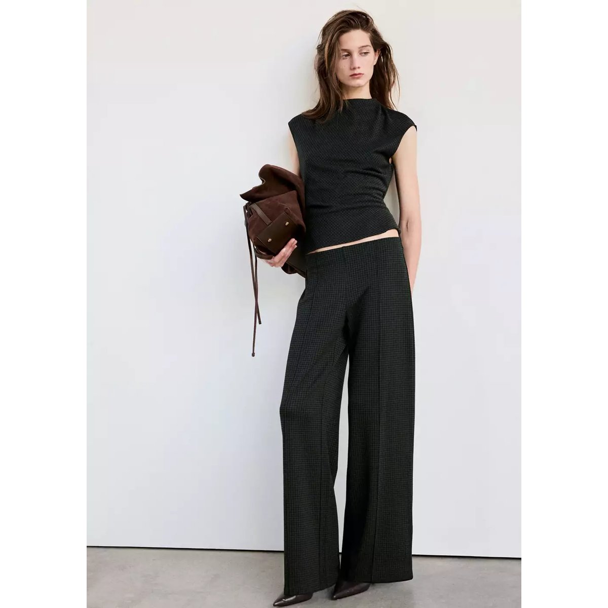Pantalon droit à carreaux vert, MANGO