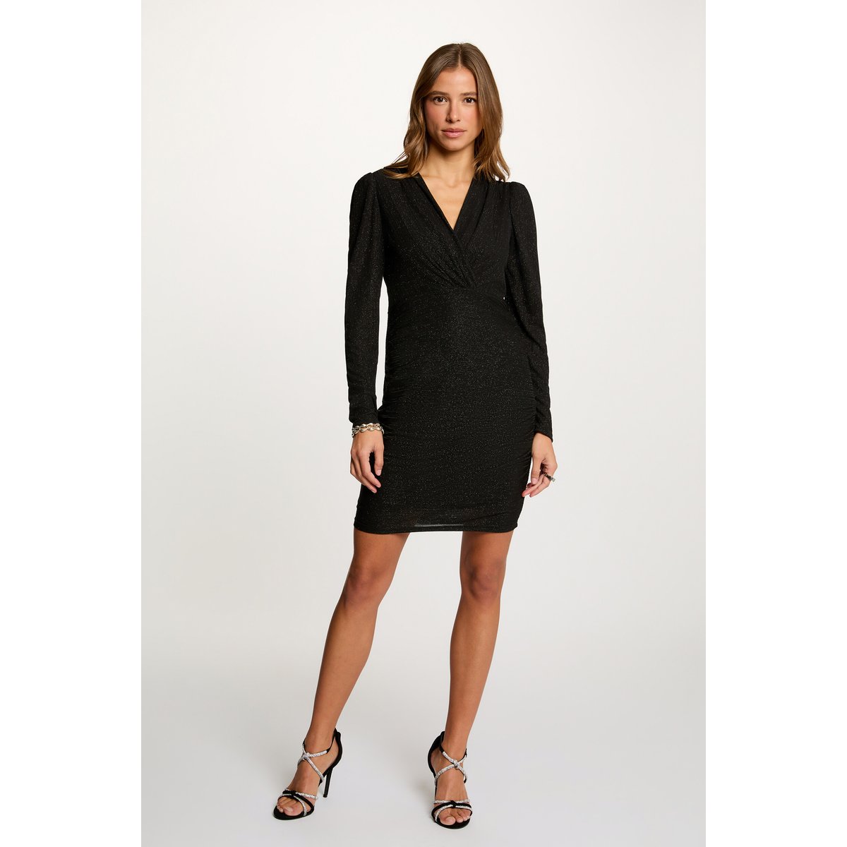Robe courte ajustée drapée noir, MORGAN