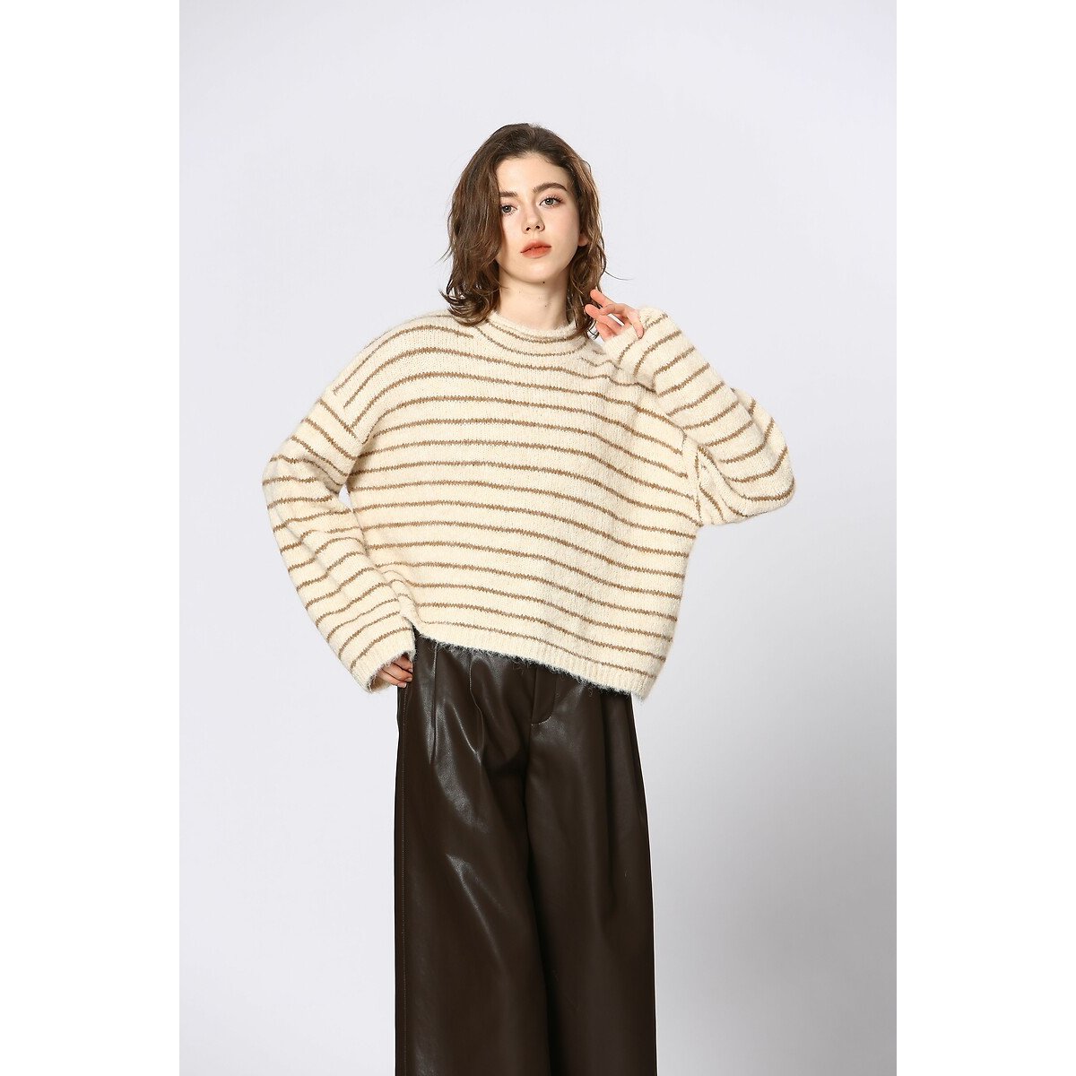 Striped Crew Neck Jumper with Long Sleeves cream, SEE U SOON