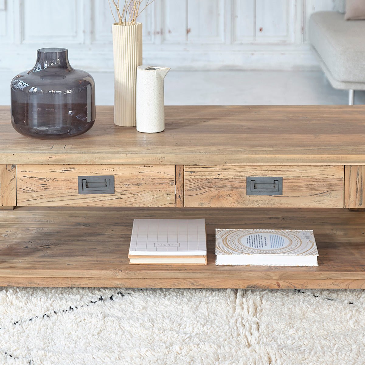 Table basse en bois de teck recyclé 120 cm CARGO naturel, BERAH GETAH