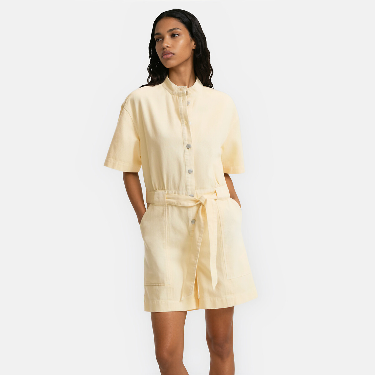 Combinaison courte en denim, manches courtes vanille, LA REDOUTE COLLECTIONS