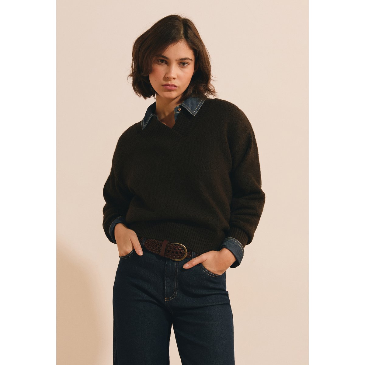 Pull col V en maille SISSI PULL chocolat, ETAM