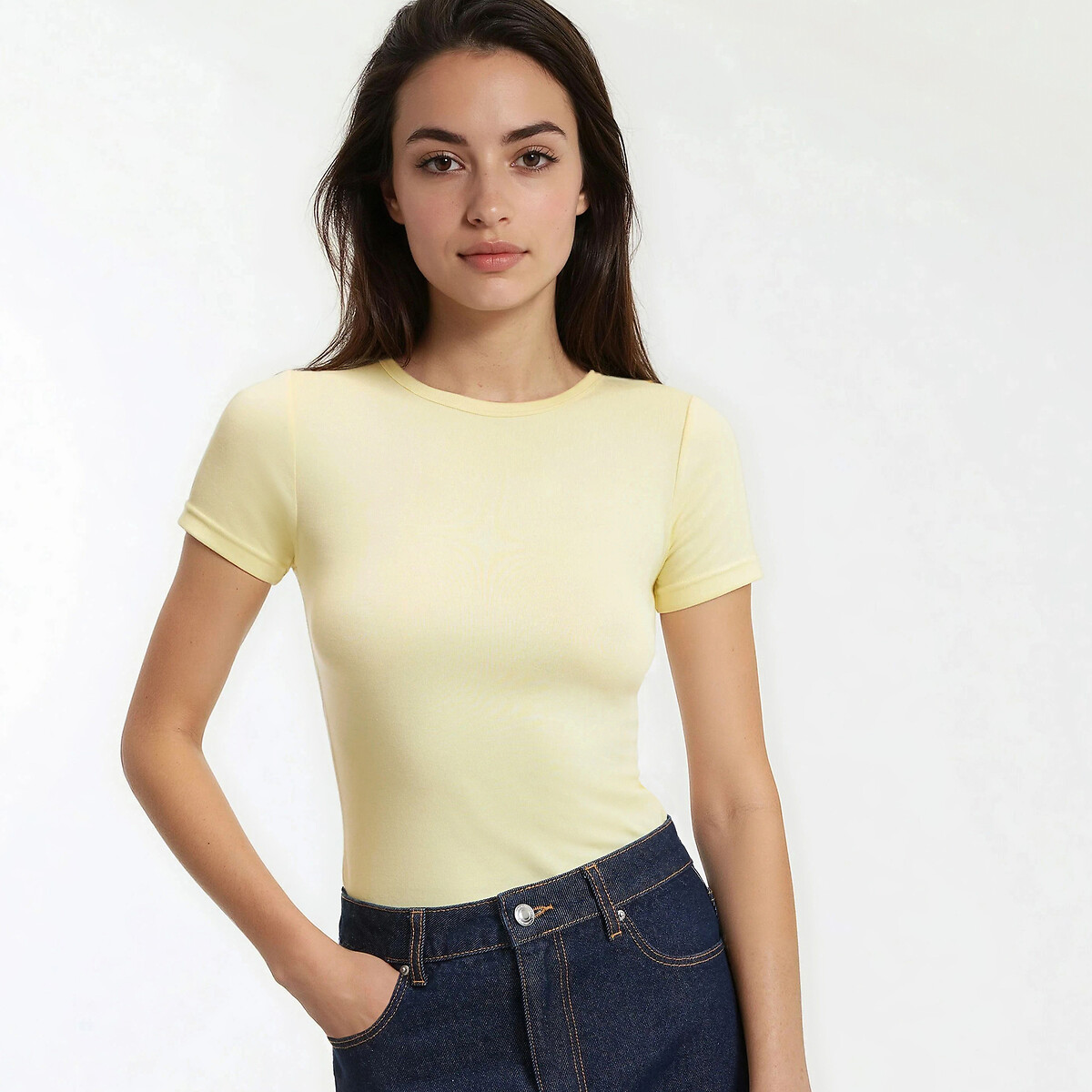 T-shirt col rond, manches courtes jaune, LA REDOUTE COLLECTIONS