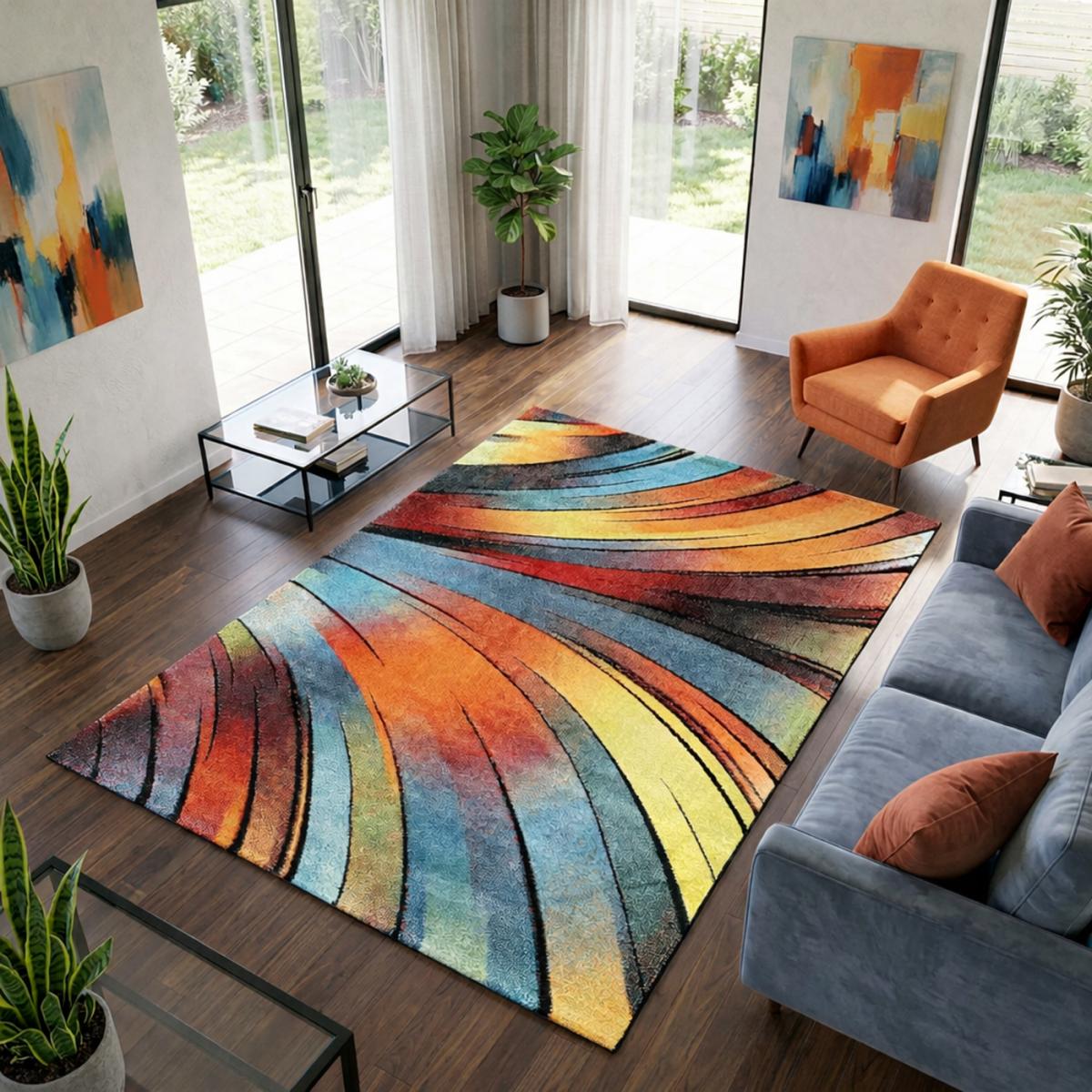 Tapis chambre tissé motif géométrique STEYRE rouge, vert, orange, multicolore, UN AMOUR DE TAPIS