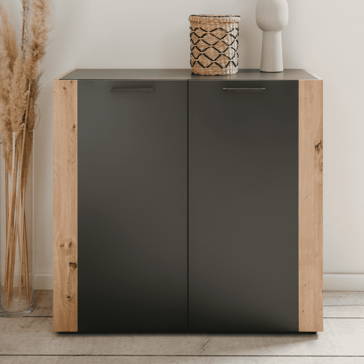 Commode 2 portes pieds noirs LUMA gris anthracite, CALICOSY