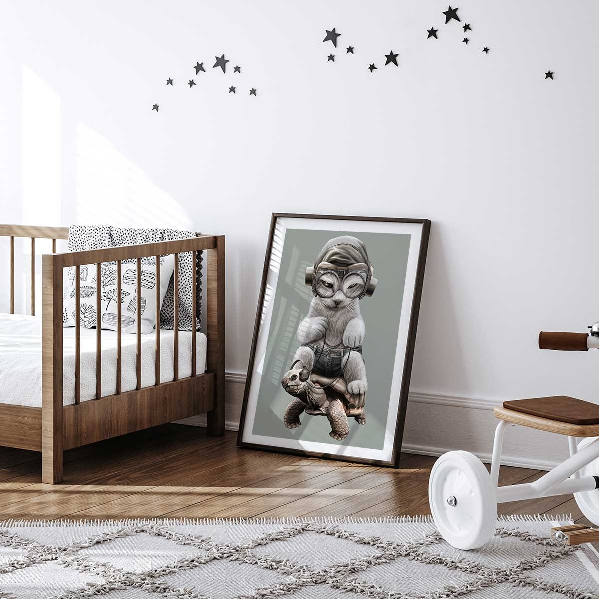Affiche enfant chat sur une tortue affiche seule, HEXOA