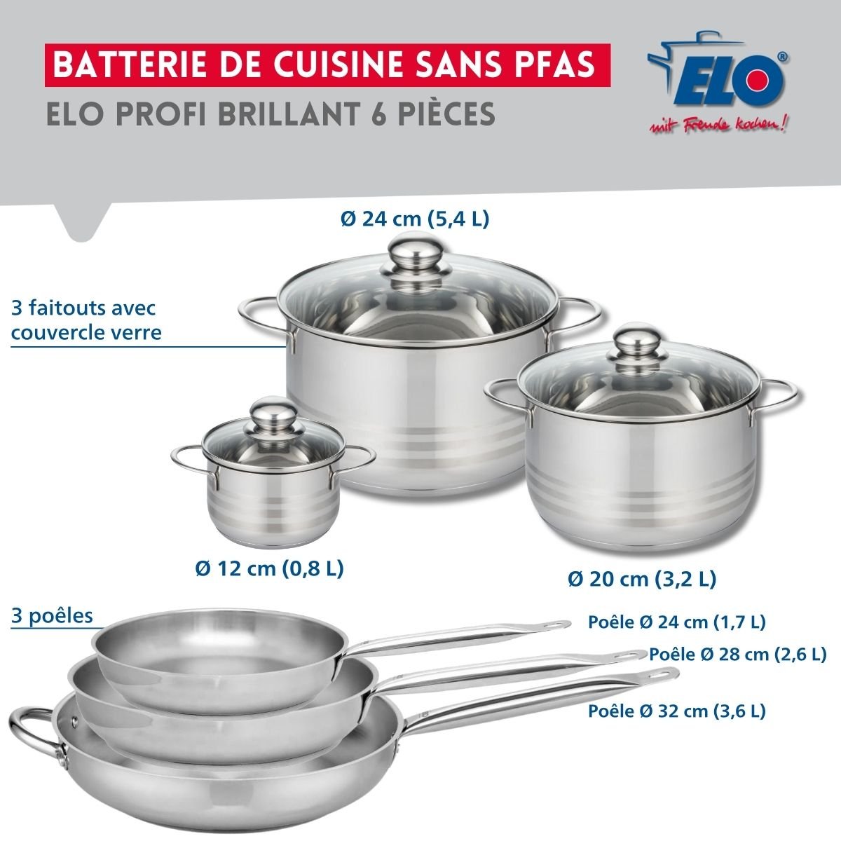 3 poêles 24/28/32cm + 3 faitouts 12/20/24cm PROFI BRILLANT gris, ELO