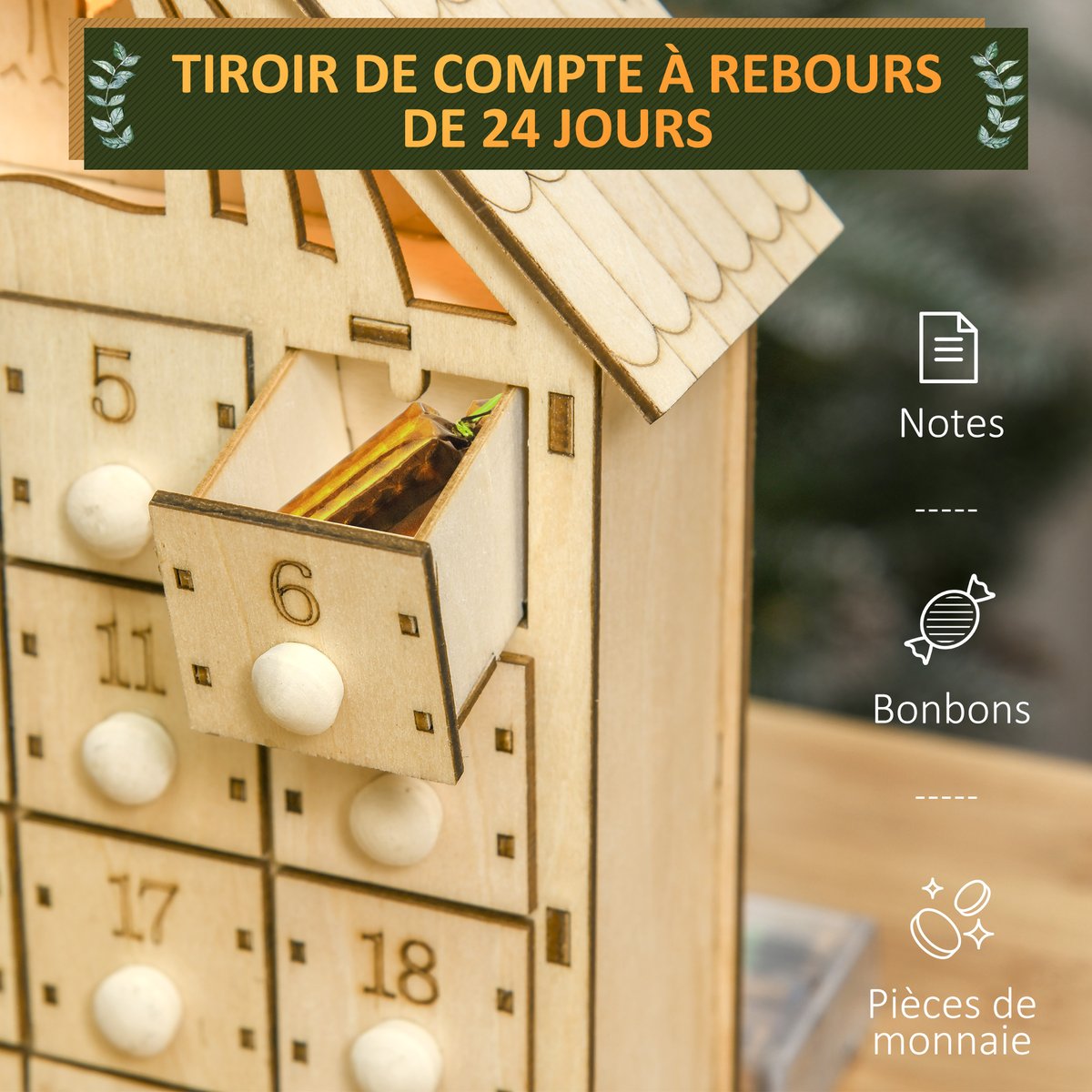 Calendrier de l'Avent de Noël Contreplaqué beige, HOMCOM