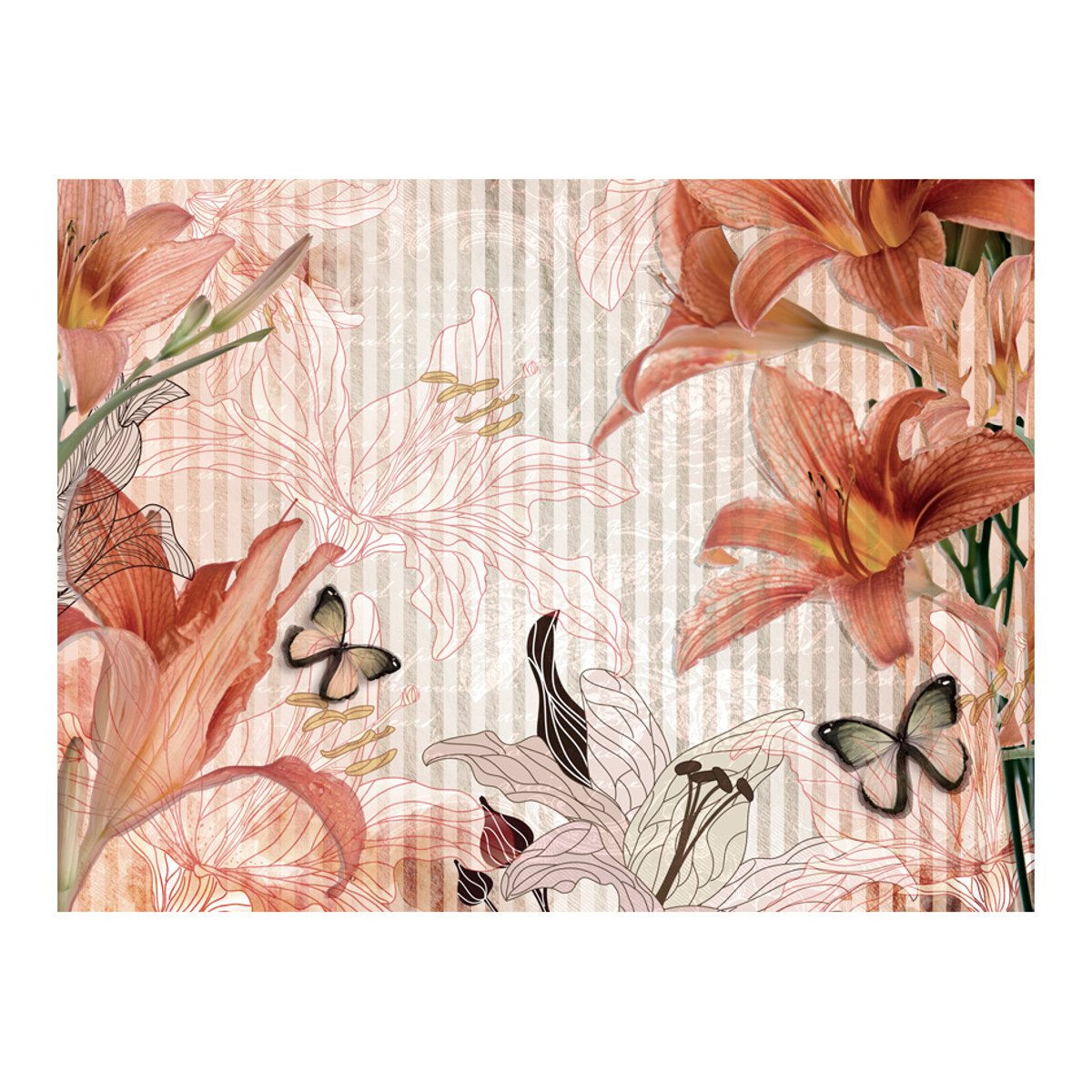 Papier peint intissé panoramique Fleurs et papillons rouge, EDEN