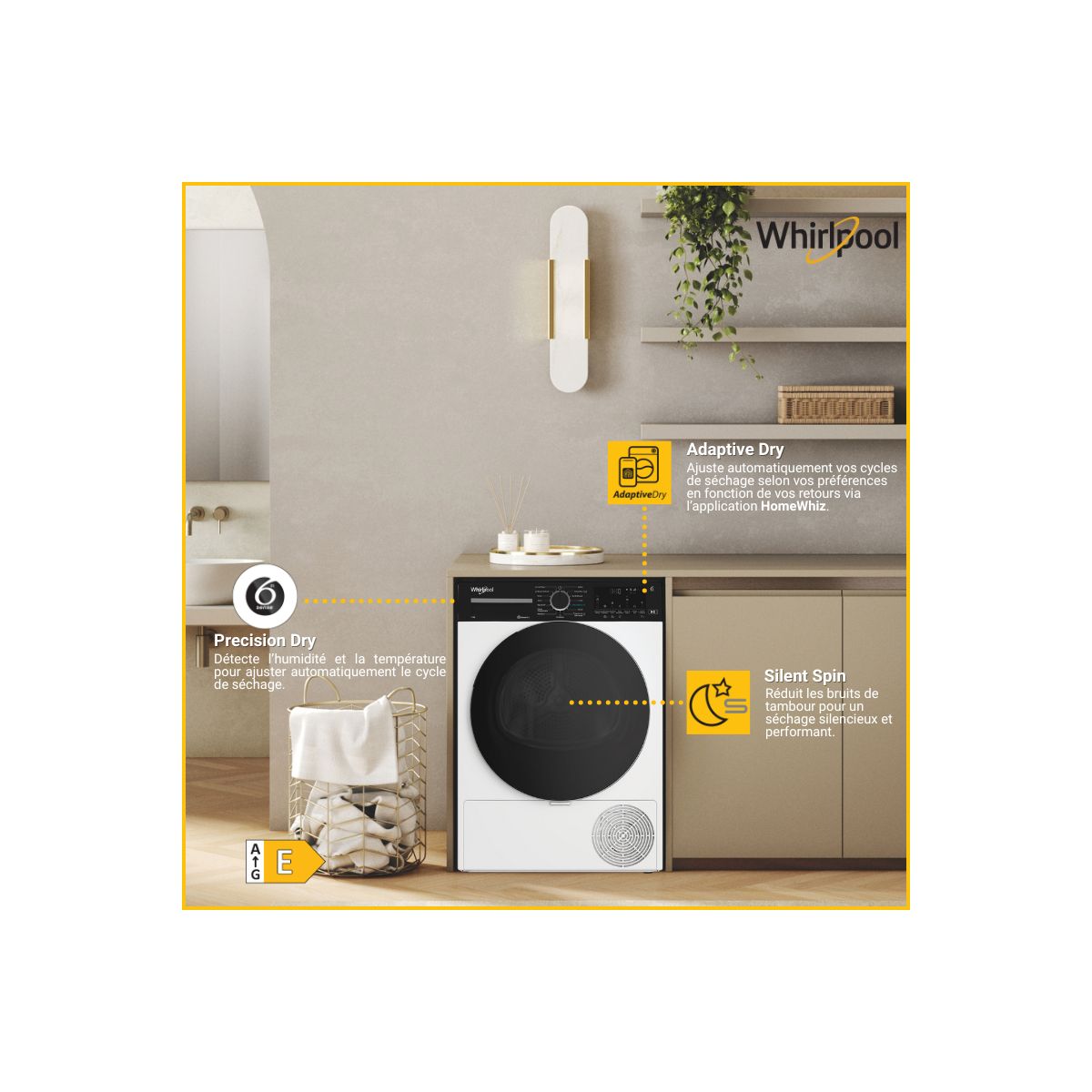 Sèche linge pompe à chaleur CWD122MWBSFR couleur unique, WHIRLPOOL