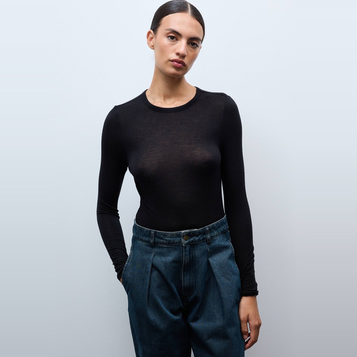 T-shirt manches longues contenant de la laine noir, MONOPRIX