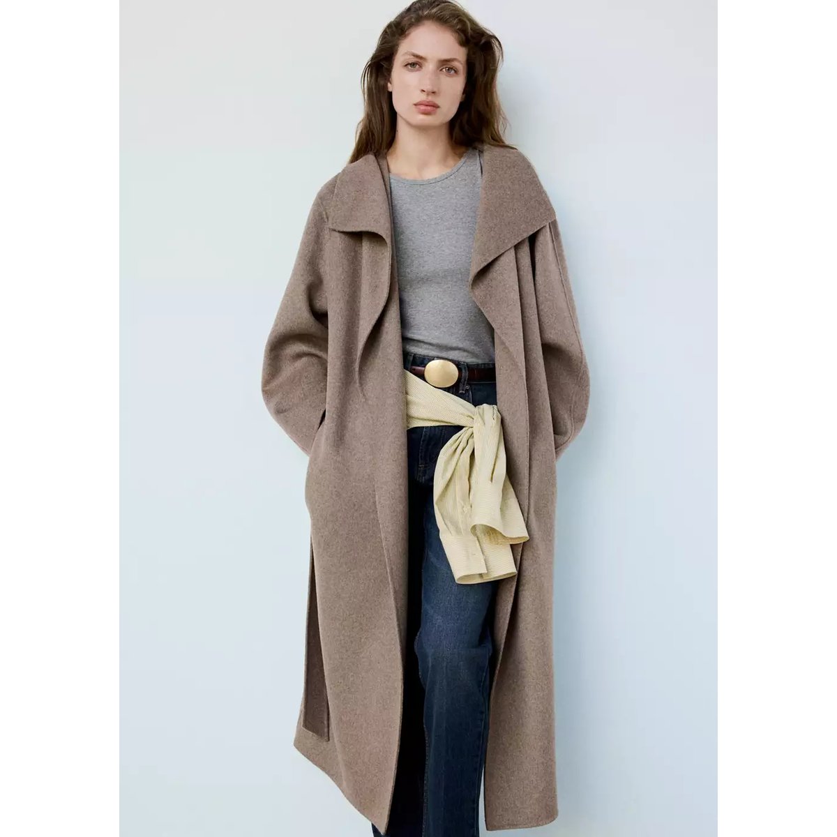 Manteau laine fait à la main ceinture marron moyen, MANGO