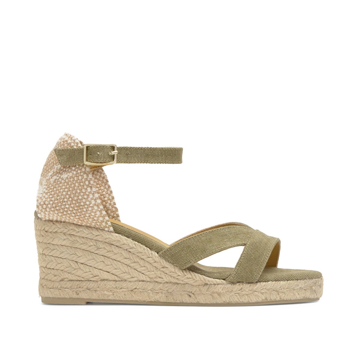 Sandales compensées en coton bio et jute tressée à bride cheville BRUNA PLATFORM vert olive, CASTANER