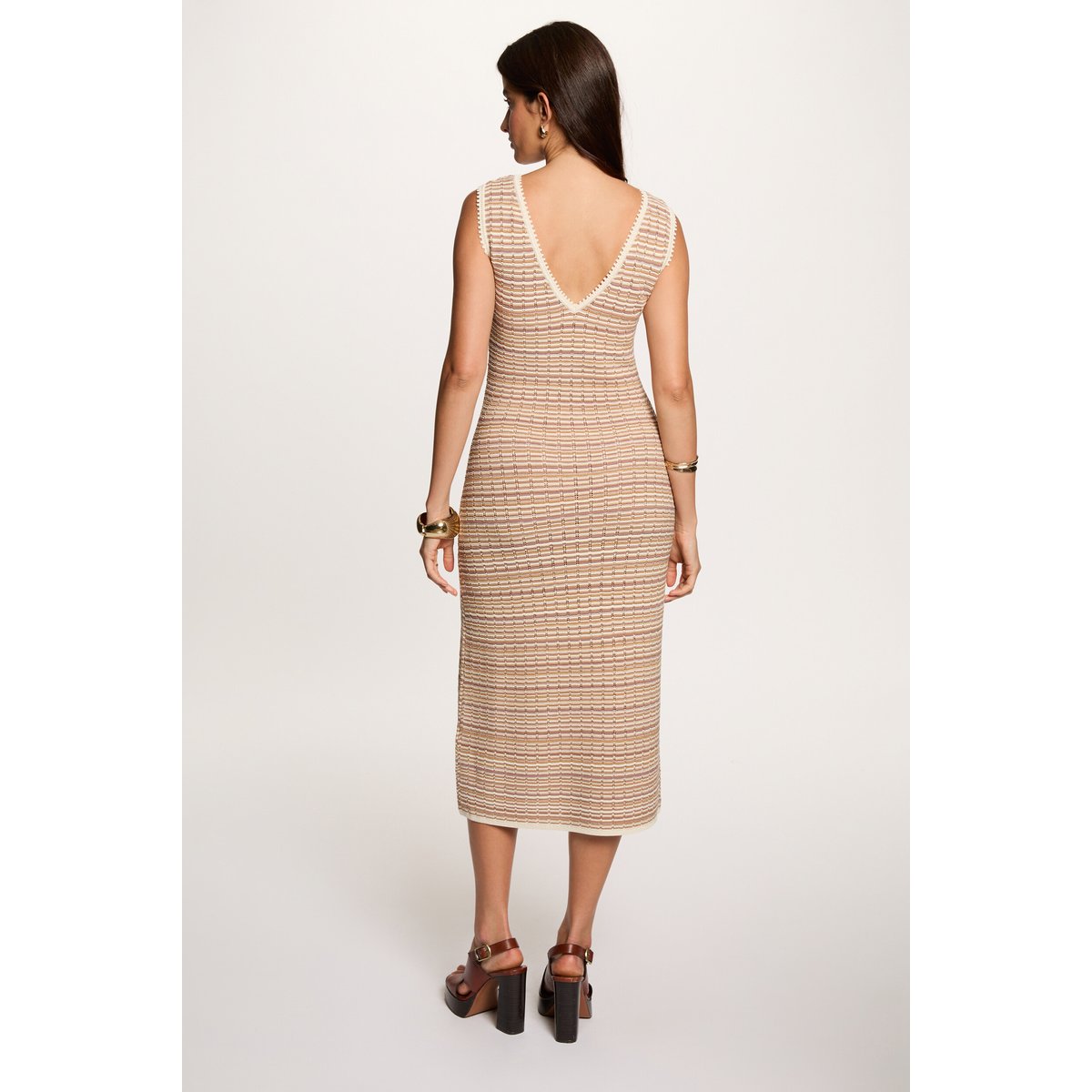 Robe tricot col v beige, MORGAN