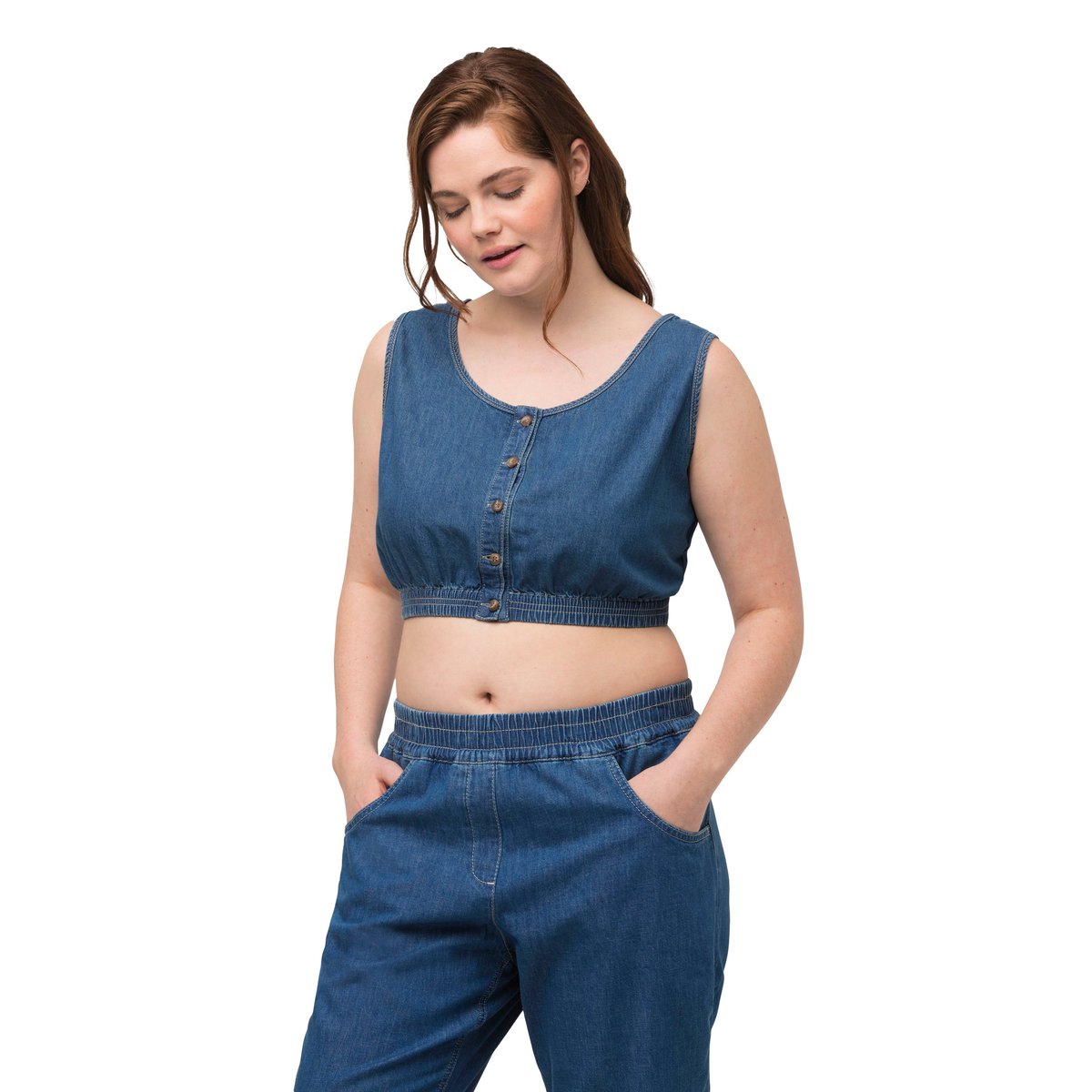 Bustier en coton bio, aspect jean. Col rond. bleu jean, ULLA POPKEN