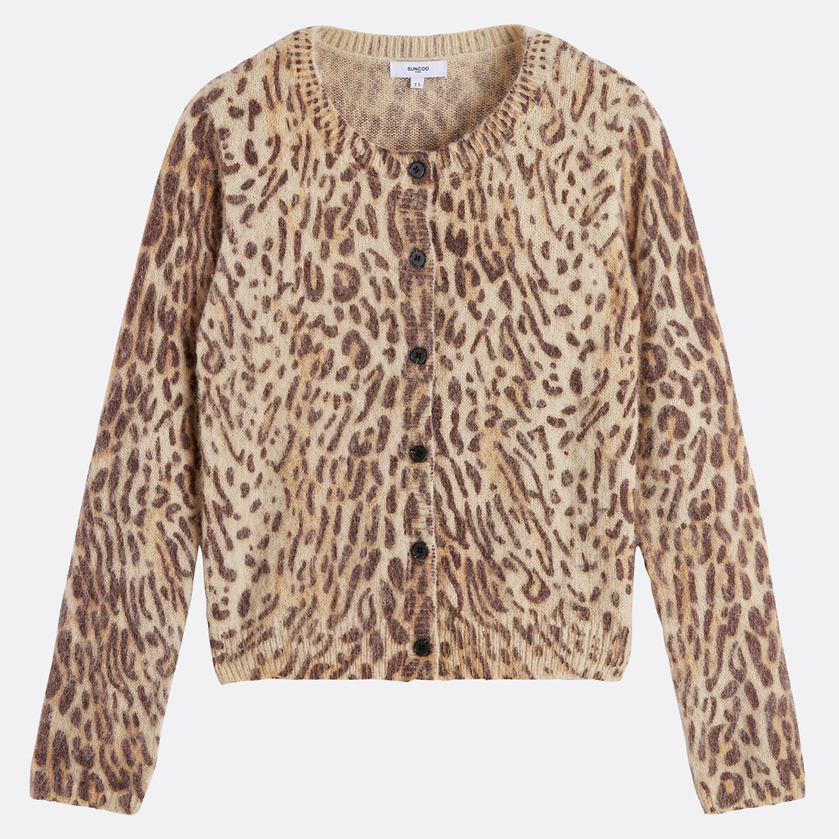 Gacia Leopard Print Cardigan with Crew Neck beige, SUNCOO