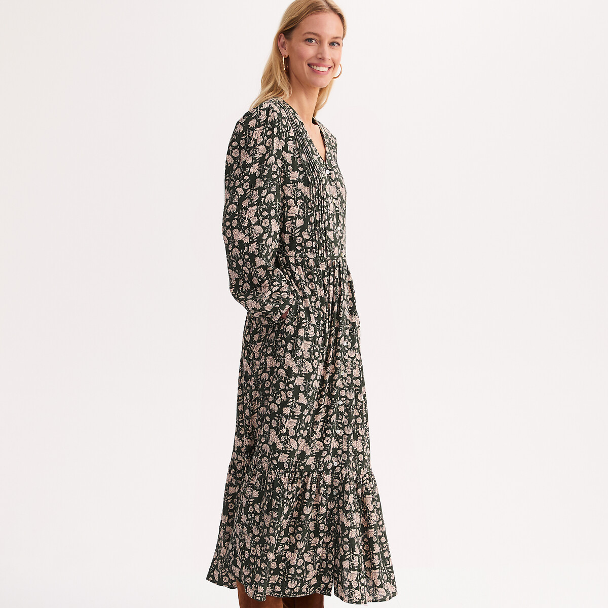 Robe longue à volant imprimé floral manches longues imprimé fleur fond kaki, ANNE WEYBURN