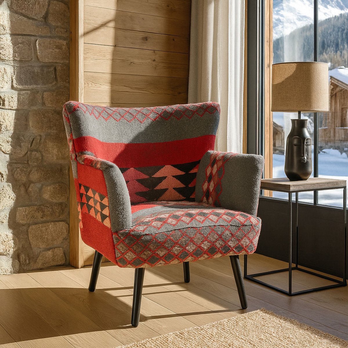 Fauteuil en kilim brodé main et pieds en bois, INCA multicolore, NOW'S HOME