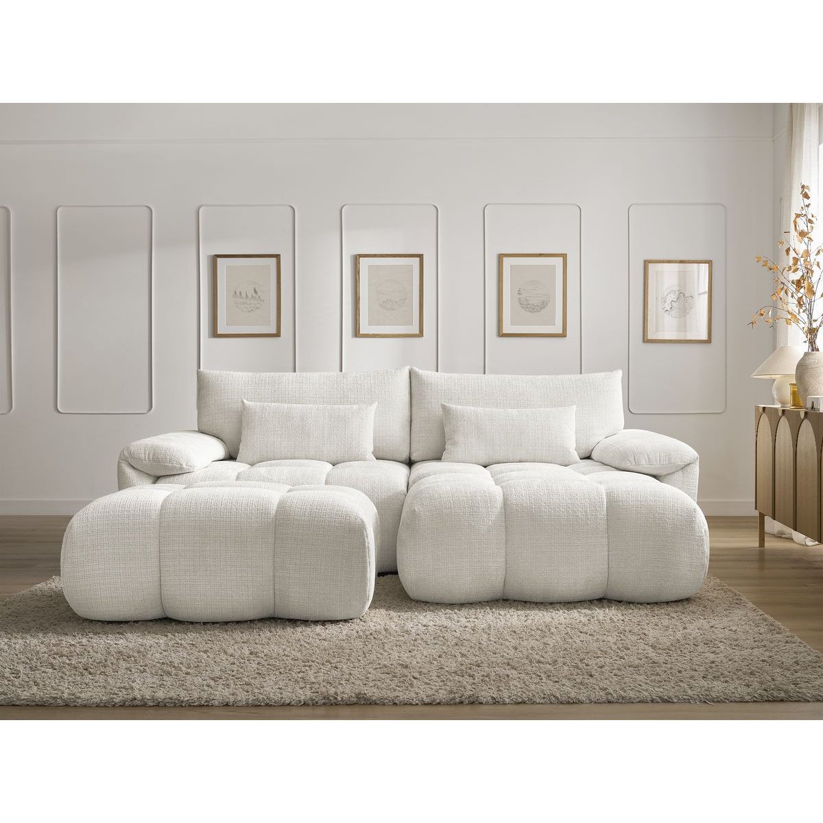 Canapé d'angle fixe 4 places en tissu texturé, IVANE blanc, BOBOCHIC