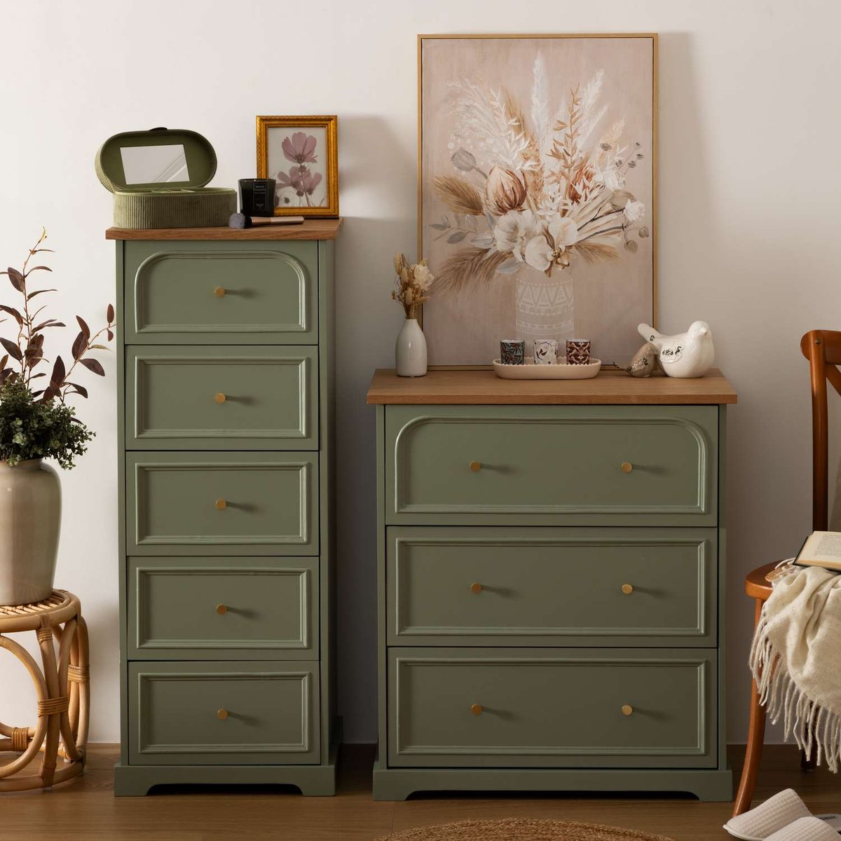 Chiffonnier 5 tiroirs en bois MOHEA vert, ATMOSPHERA