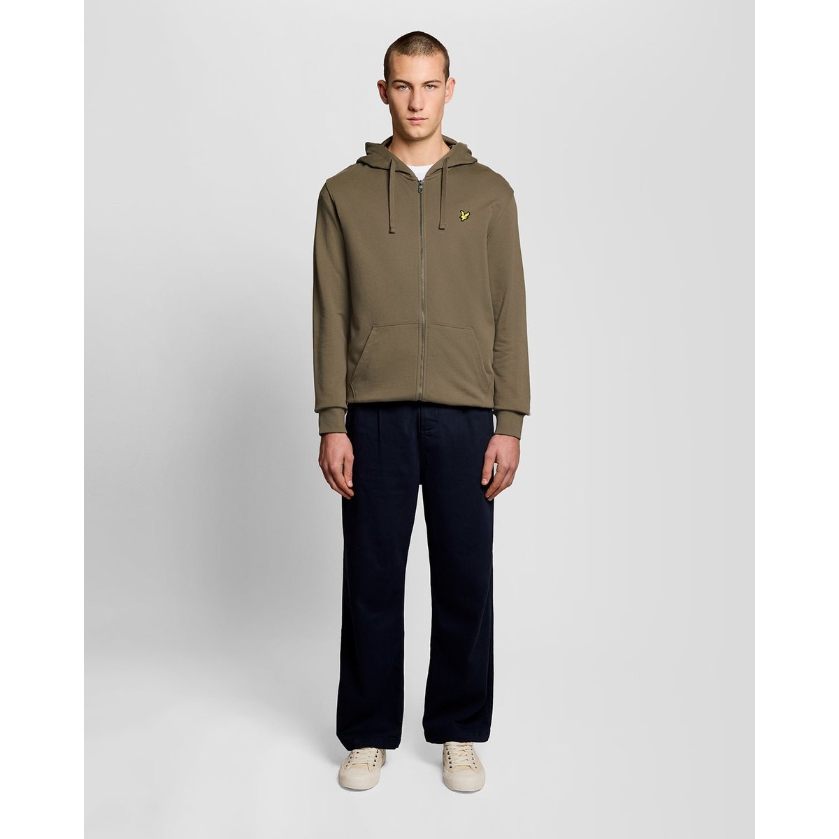 Sweat à capuche zippé en coton loopback vert kaki cendré, LYLE & SCOTT