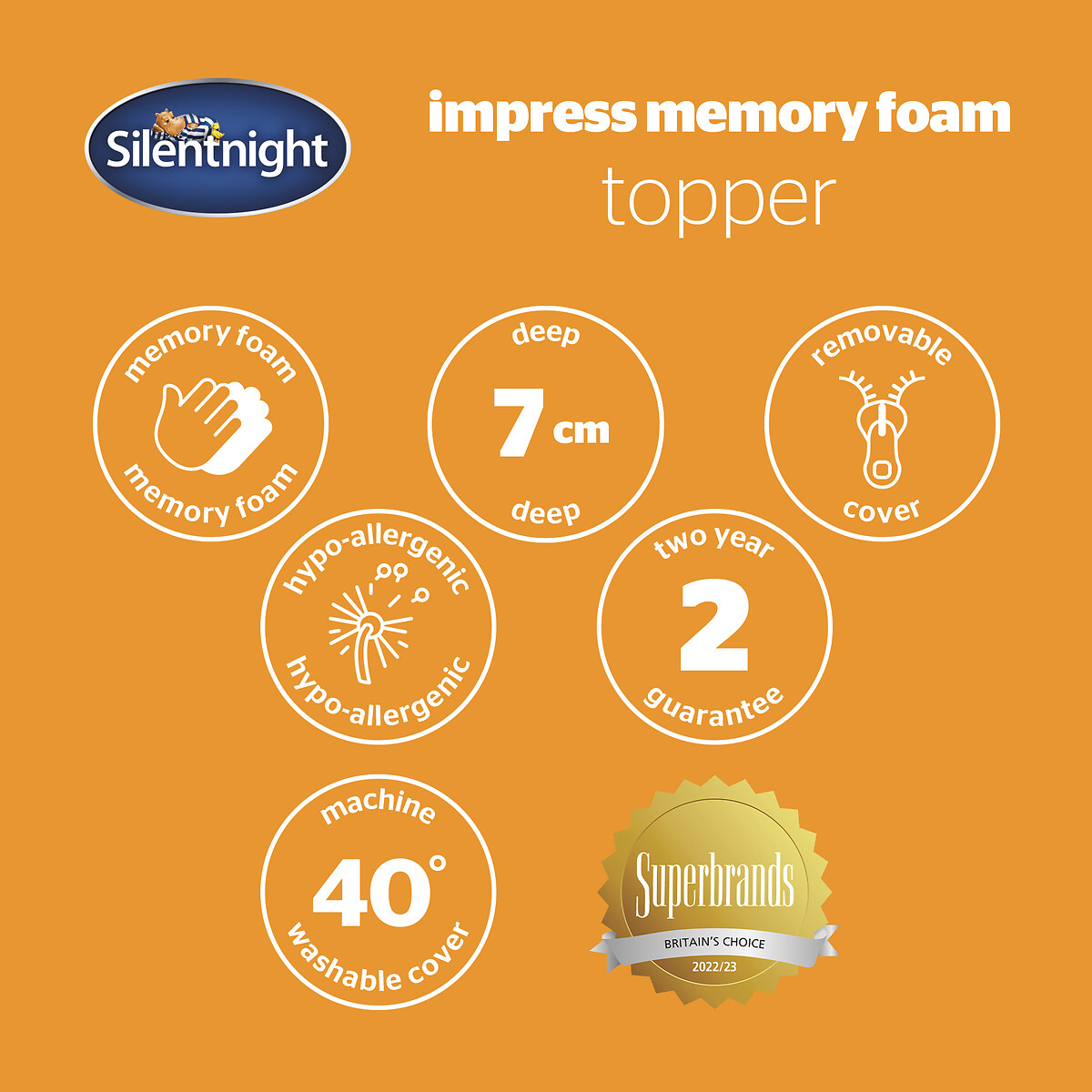Impress Memory Foam 7cm Mattress Topper white, SILENTNIGHT