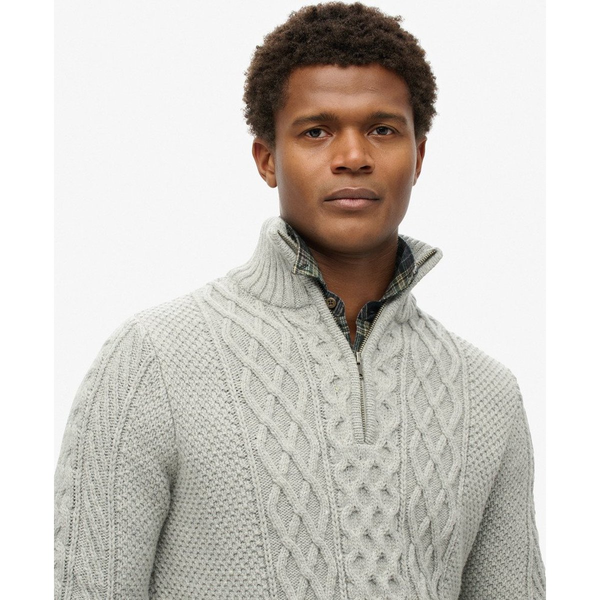 Pull torsadé à col zippé Jacob gris moyen, SUPERDRY
