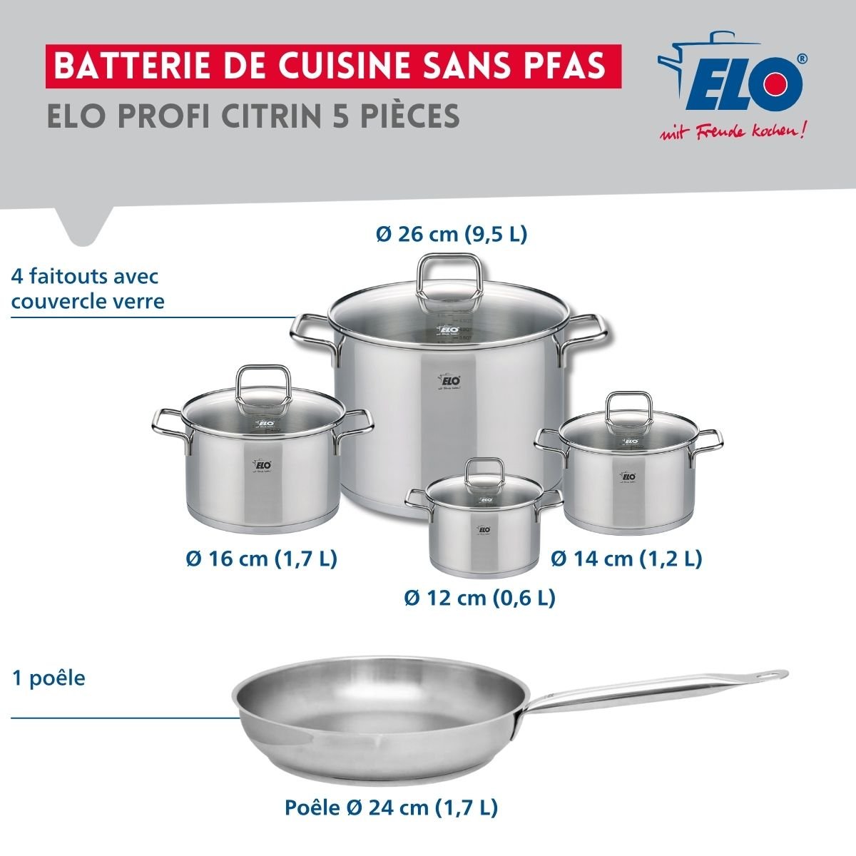 Batterie 1 poêle 24cm + 4 faitouts 12/14/16/26cm PROFI CITRIN gris, ELO