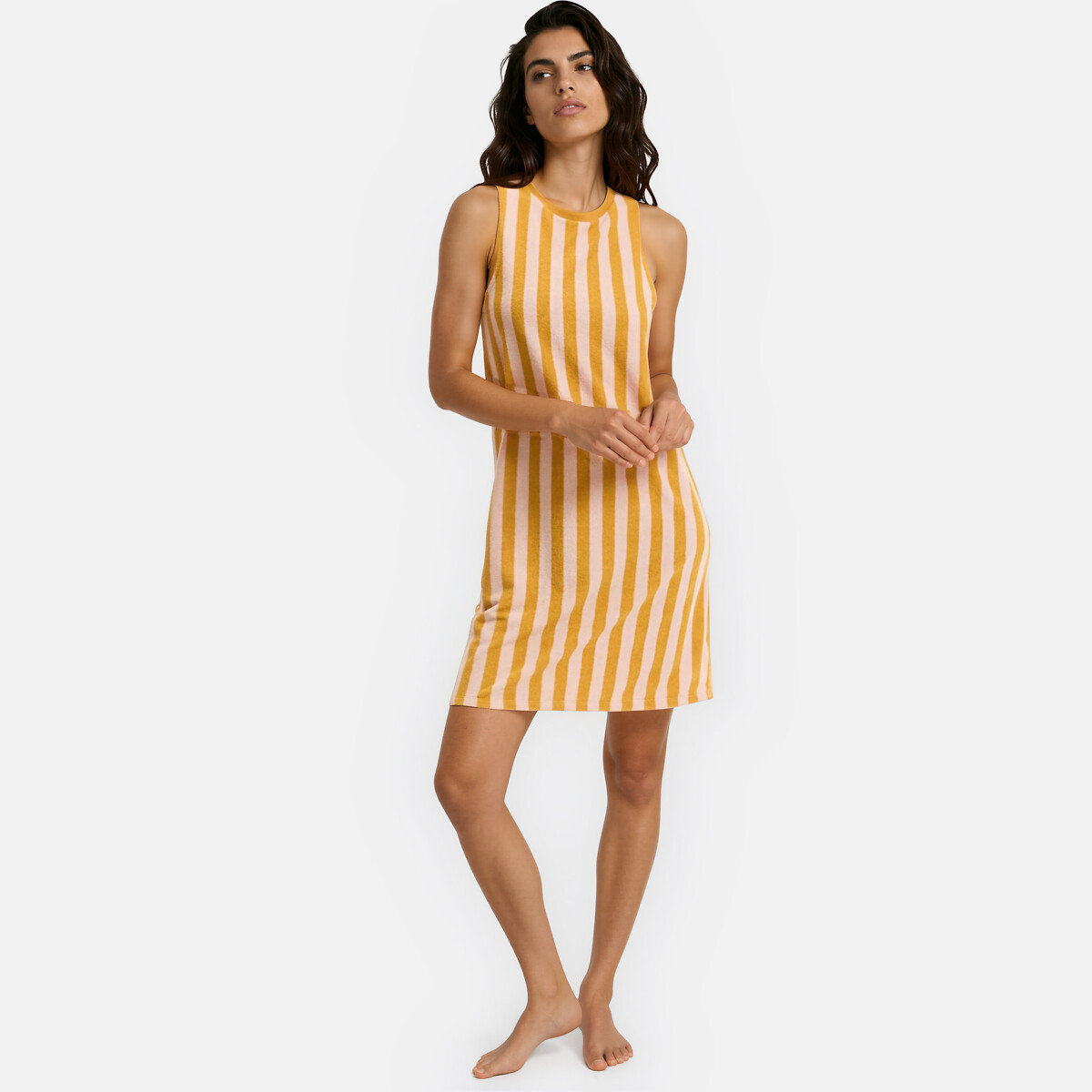 Chemise de nuit rayée, en maille éponge rayé rose/camel, LA REDOUTE COLLECTIONS