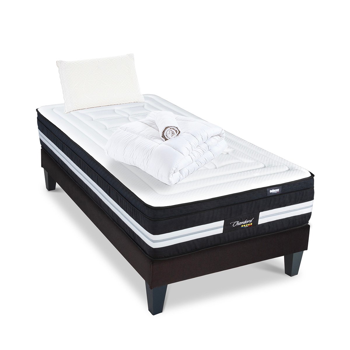 Pack Chambord 90x200 cm Matelas Ressorts + Sommier Bois + Accessoires blanc, BELLECOUR