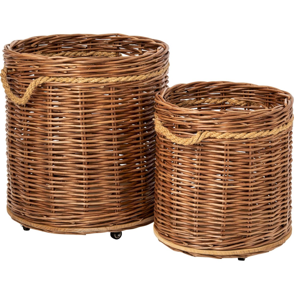 Lot de 2 cache-pots ronds en rotin à roulettes naturel et rouille, RECOLLECTION
