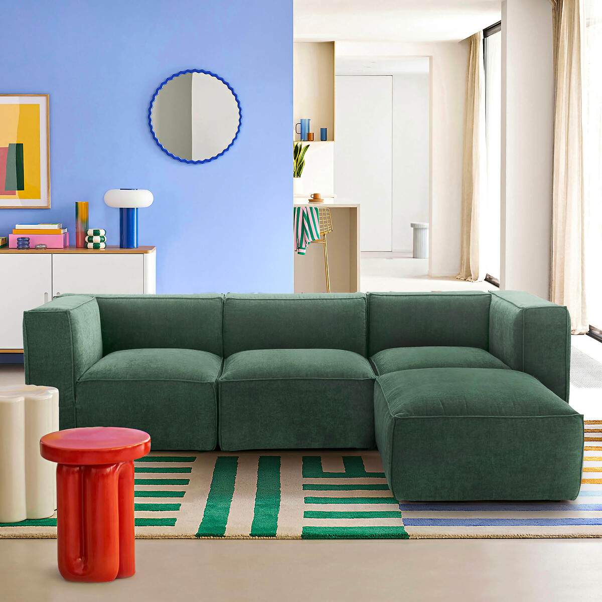 Modulaire poef in getextureerd fluweel, Seven grijsgroen, LA REDOUTE INTERIEURS