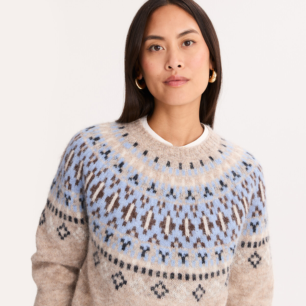 Pull jacquard à col rond, en alpaga mélangé jacquard fond écru, ANNE WEYBURN