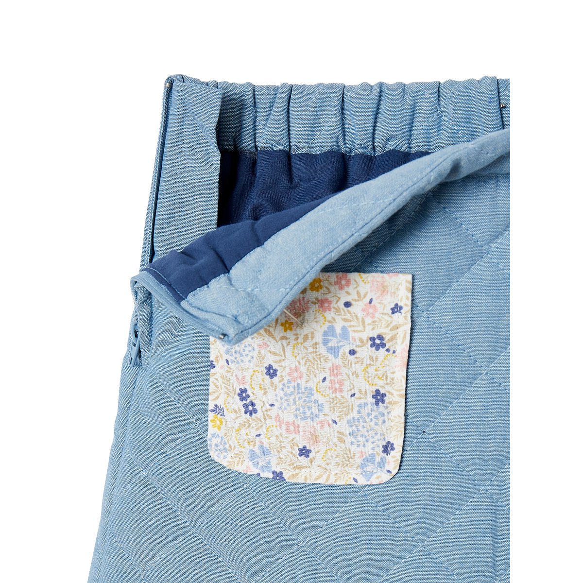 Jupe en denim matelassé poches imprimées fleurs double stone, VERTBAUDET