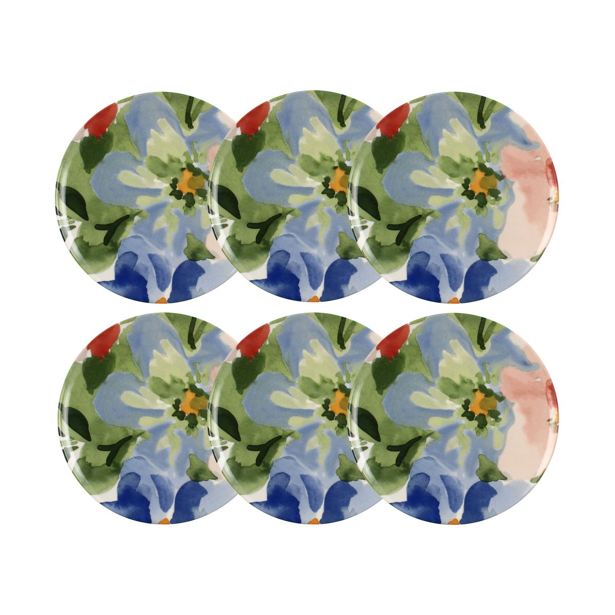 Lot de 6 assiettes plates en porcelaine 26cm, FLORALUX blanc-bleu-rouge-vert, NOVASTYL