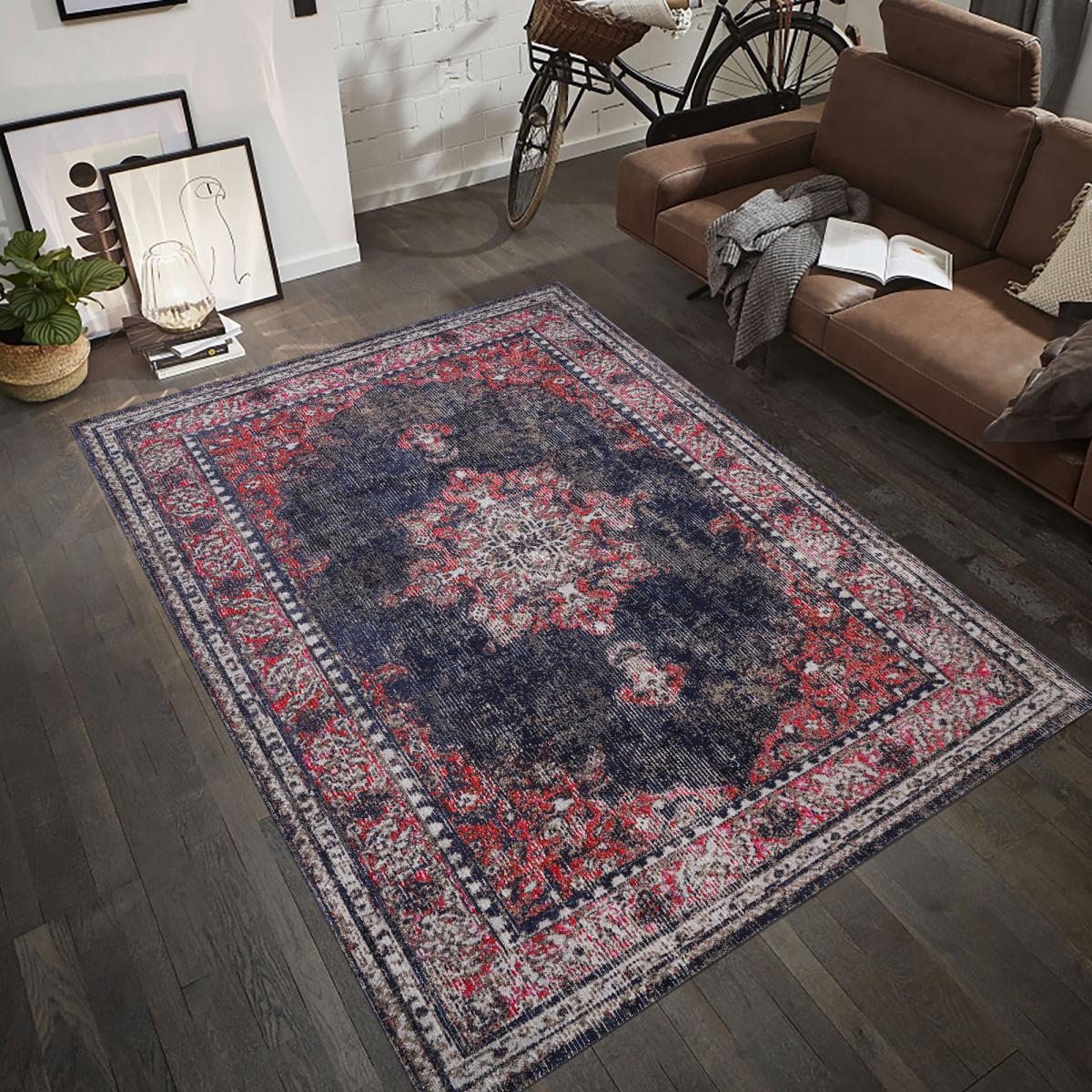 Tapis extérieur tissé kilim rectangle OZLEM rouge, brun, bleu, écru, UN AMOUR DE TAPIS