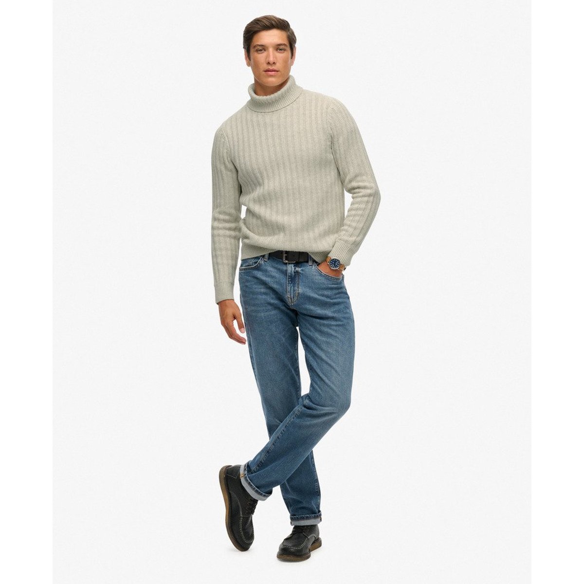 Pull à Col Roulé Côtelé The Merchant Store beige avoine, SUPERDRY