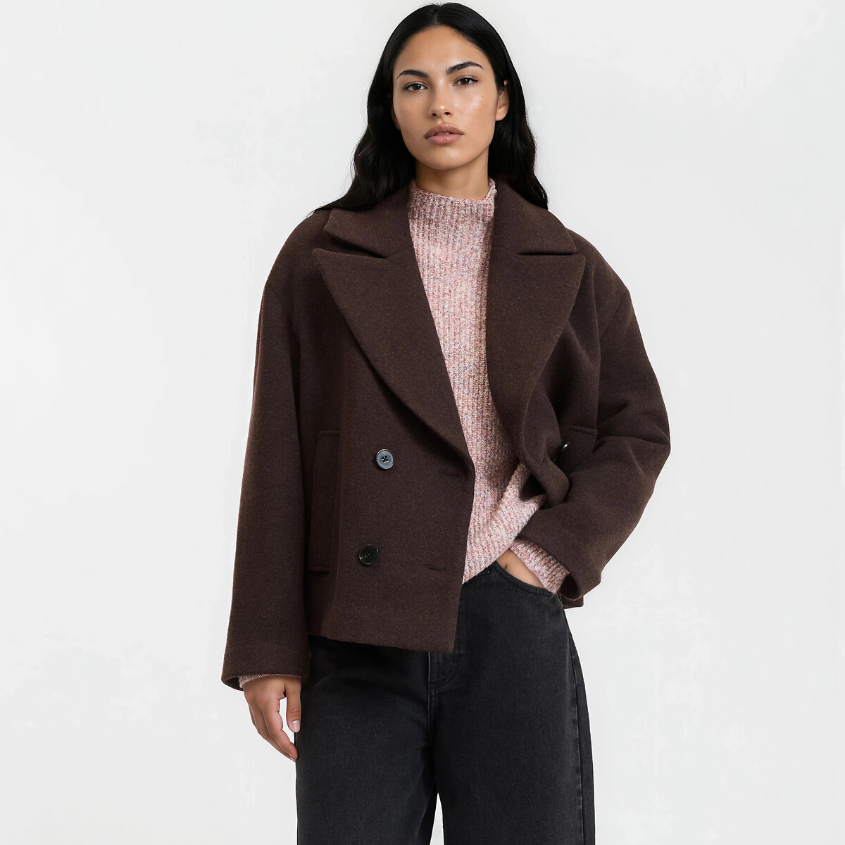 Short pea coat with button fastening with winter style chocolate brown, LA REDOUTE COLLECTIONS
