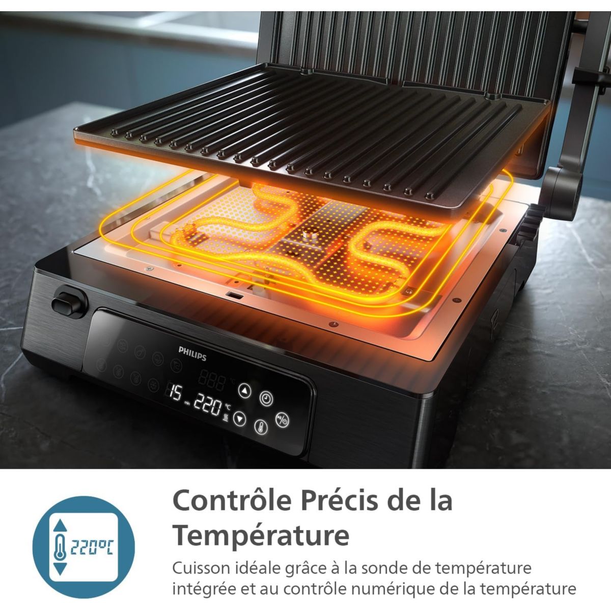 Grille-viande 7000 Series HD6307/70 noir sonde de cuisson, plaques amovibles, à poser, 29x26 cm couleur unique, PHILIPS