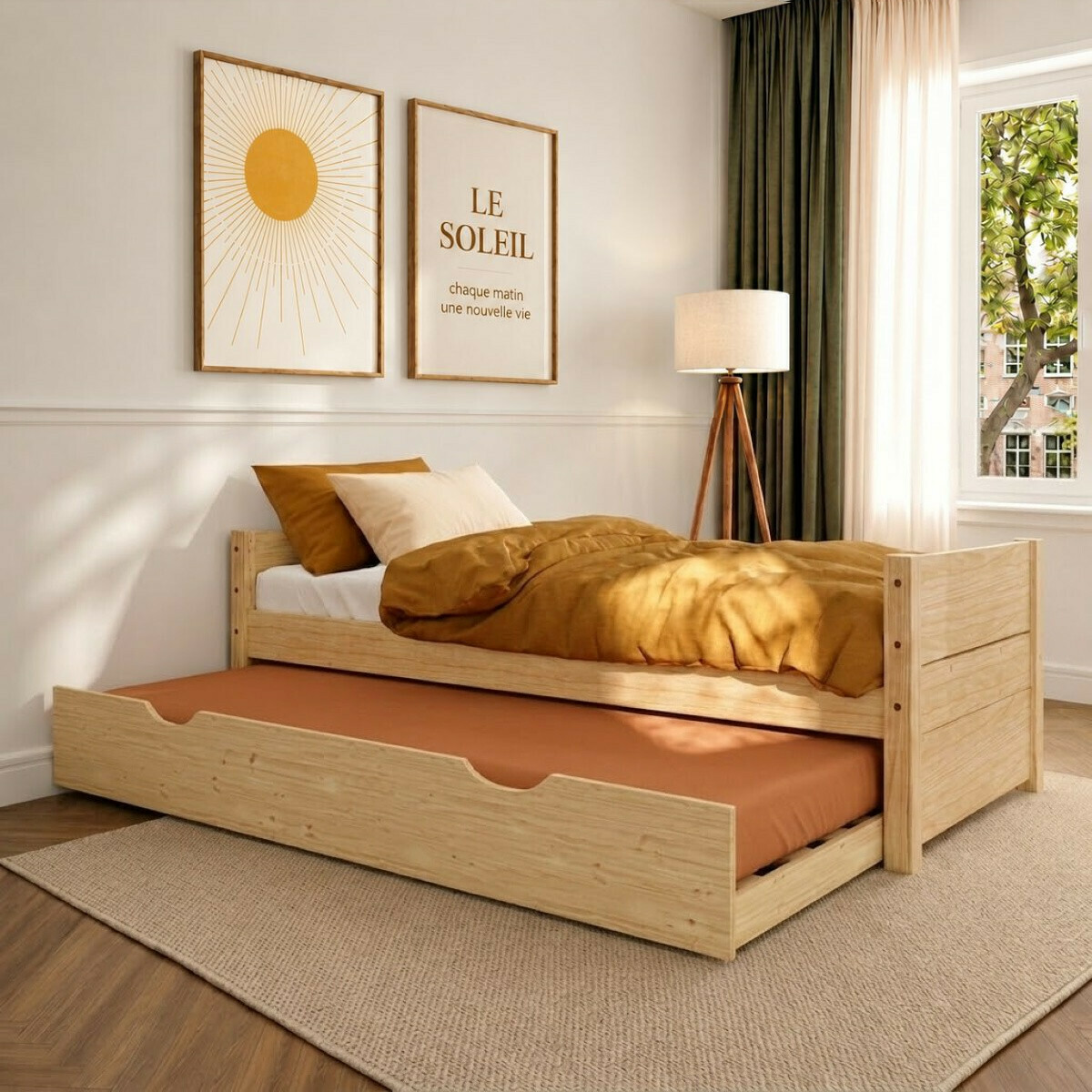 Pack lit banquette gigogne avec matelas Bois massif LOUW bois naturel, AKITEN RETAIL