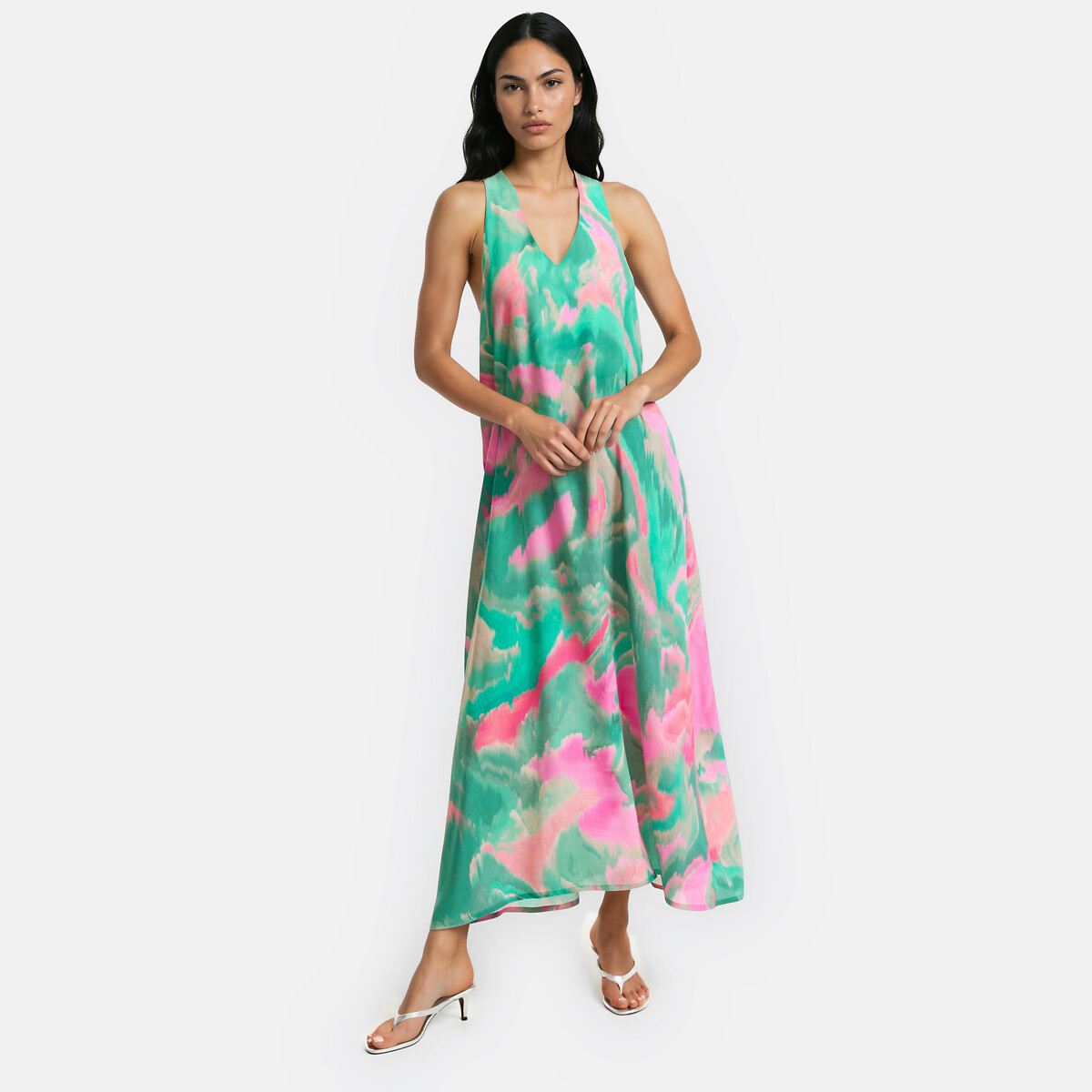 Robe longue sans manches col V imprimé graphique imprimé vert/rose, LA REDOUTE COLLECTIONS