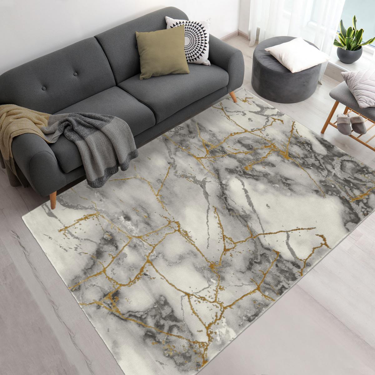 Tapis Chambre tissé motif abstrait MARBAL gris, or, UN AMOUR DE TAPIS